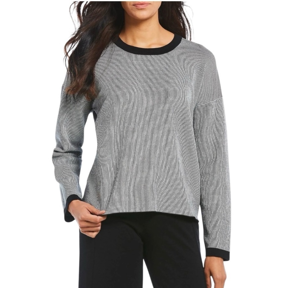Eileen Fisher Black & White Mens Ringer Crew Neck Oversized Sweater Women Medium - Picture 1 of 10
